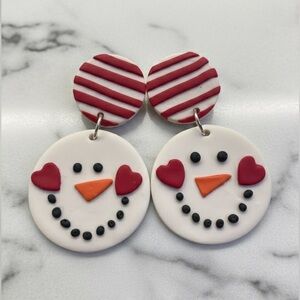 Snowman with Heart Cheeks - Handmade Earrings - White & Red
